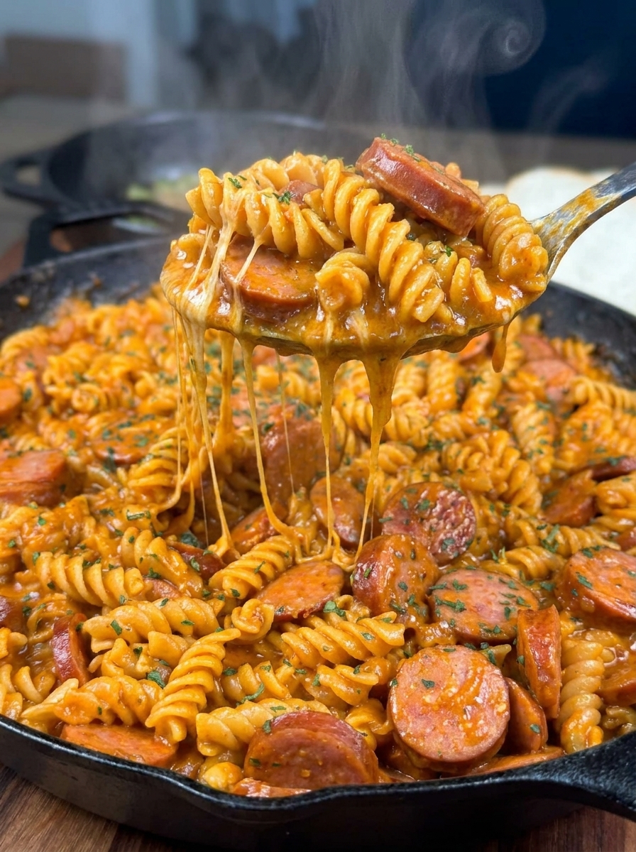 A close up of a spoon in a bowl of pasta and sausage.
