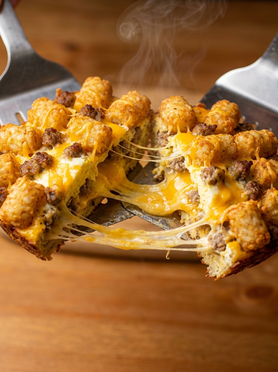 A tater tot breakfast casserole with cheese and sausage.