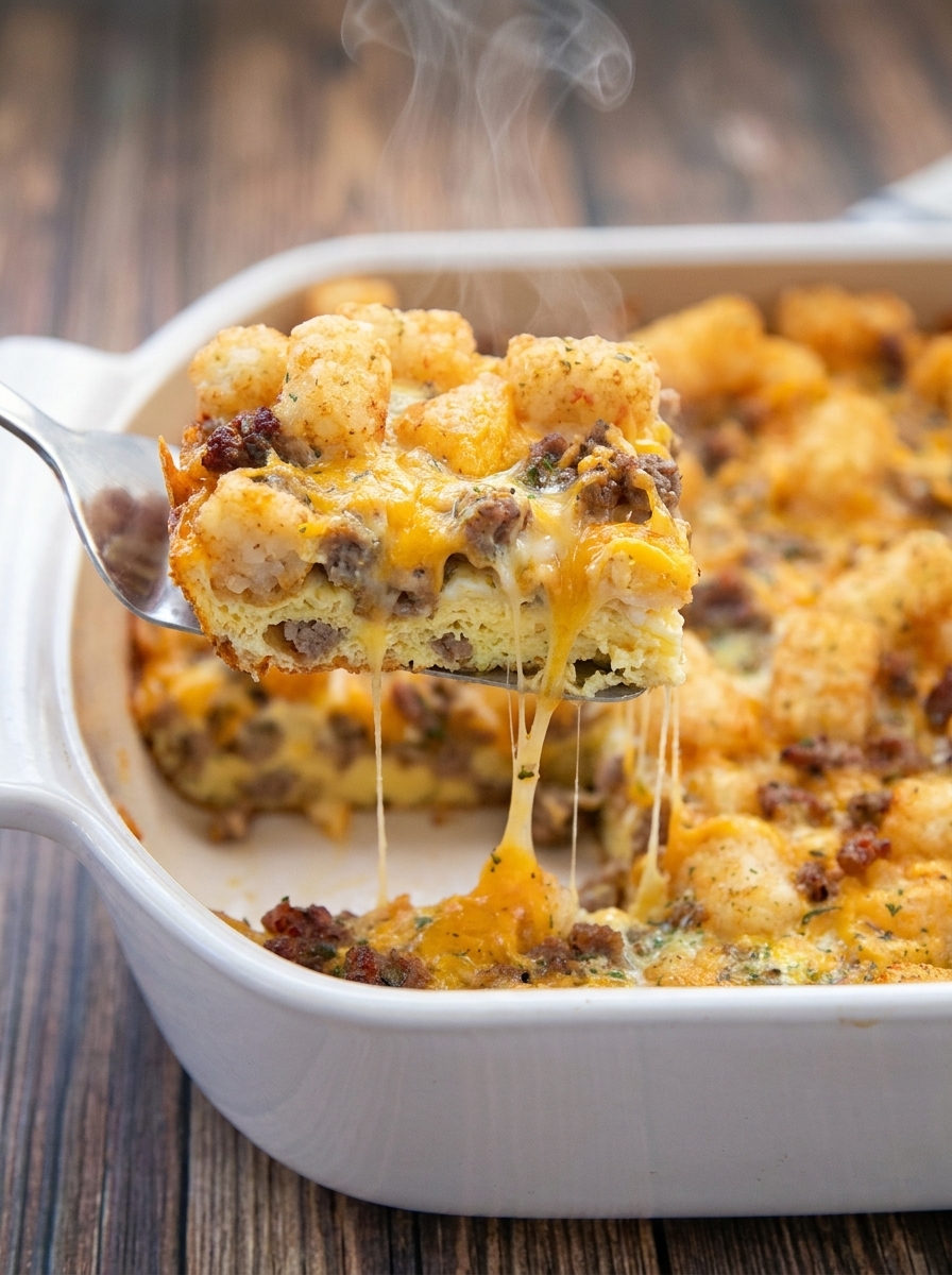 A white bowl filled with tater tot sausage breakfast casserole.