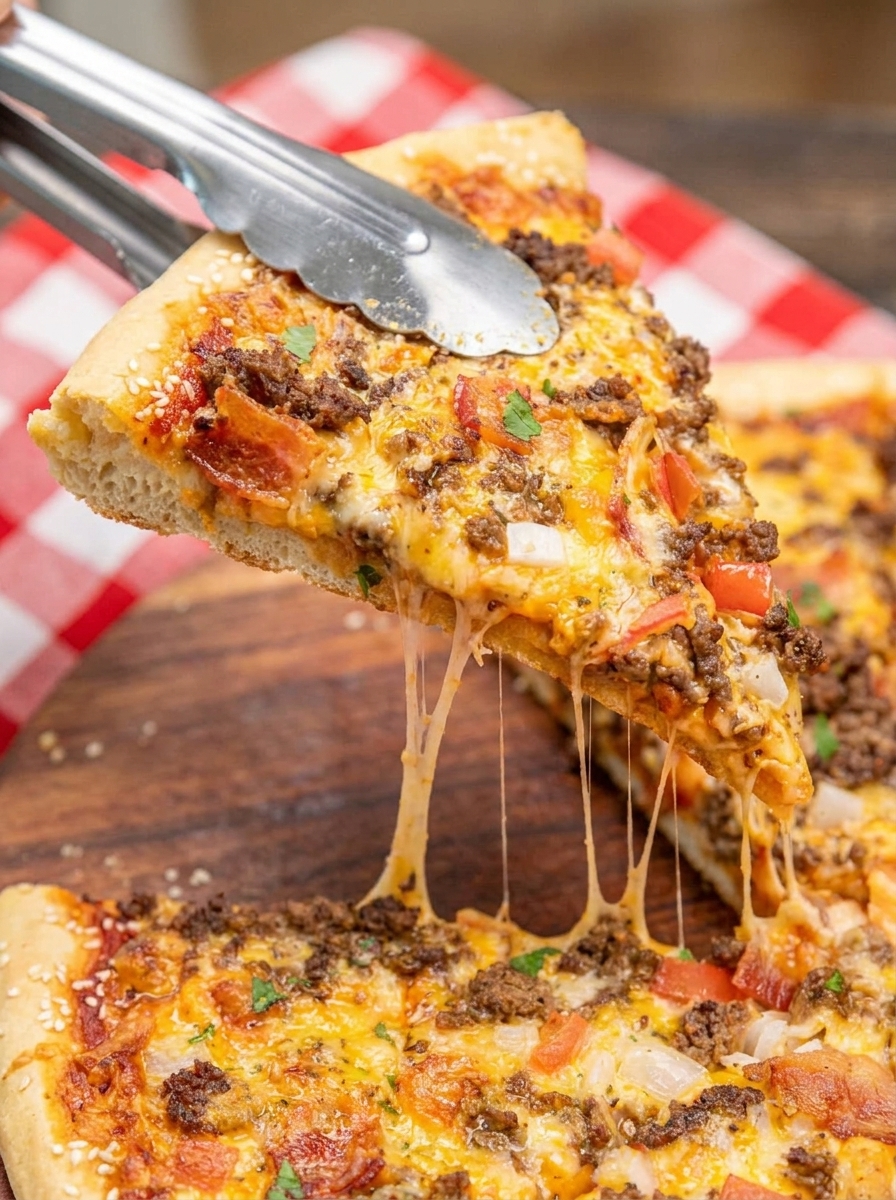 A slice of cheeseburger pizza.