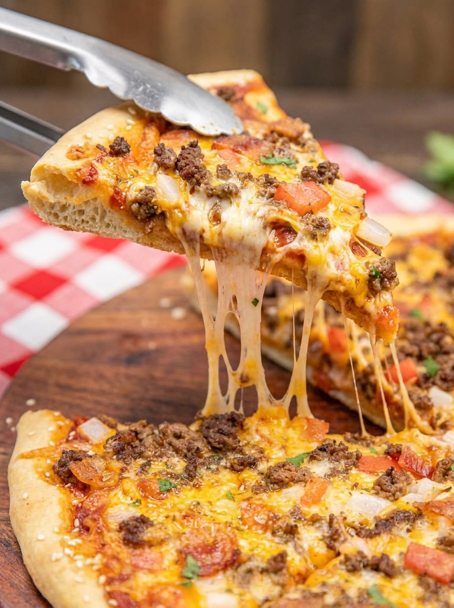 A slice of cheeseburger pizza with a fork in it.