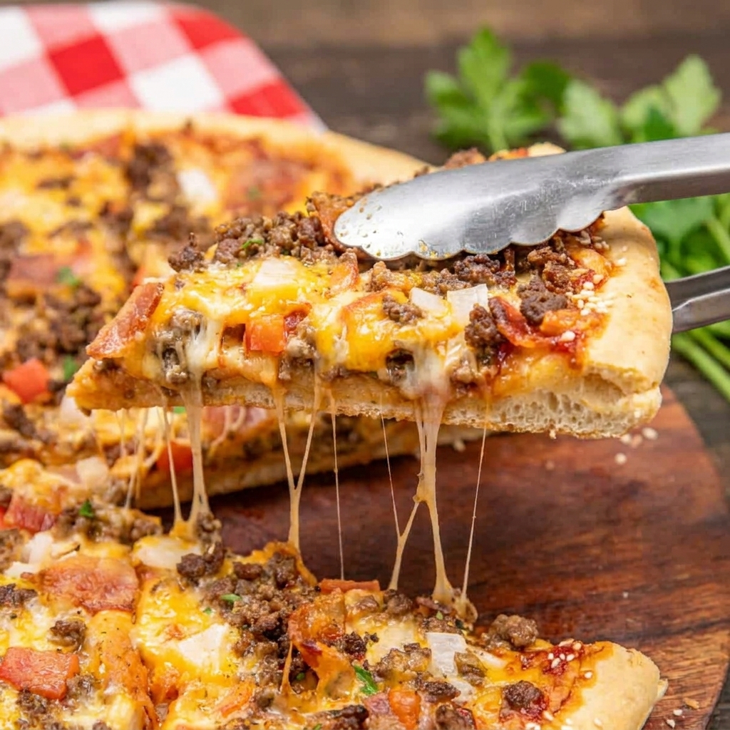 A slice of cheeseburger pizza.
