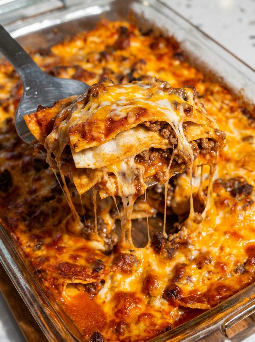 A fork is stuck in a piece of food.