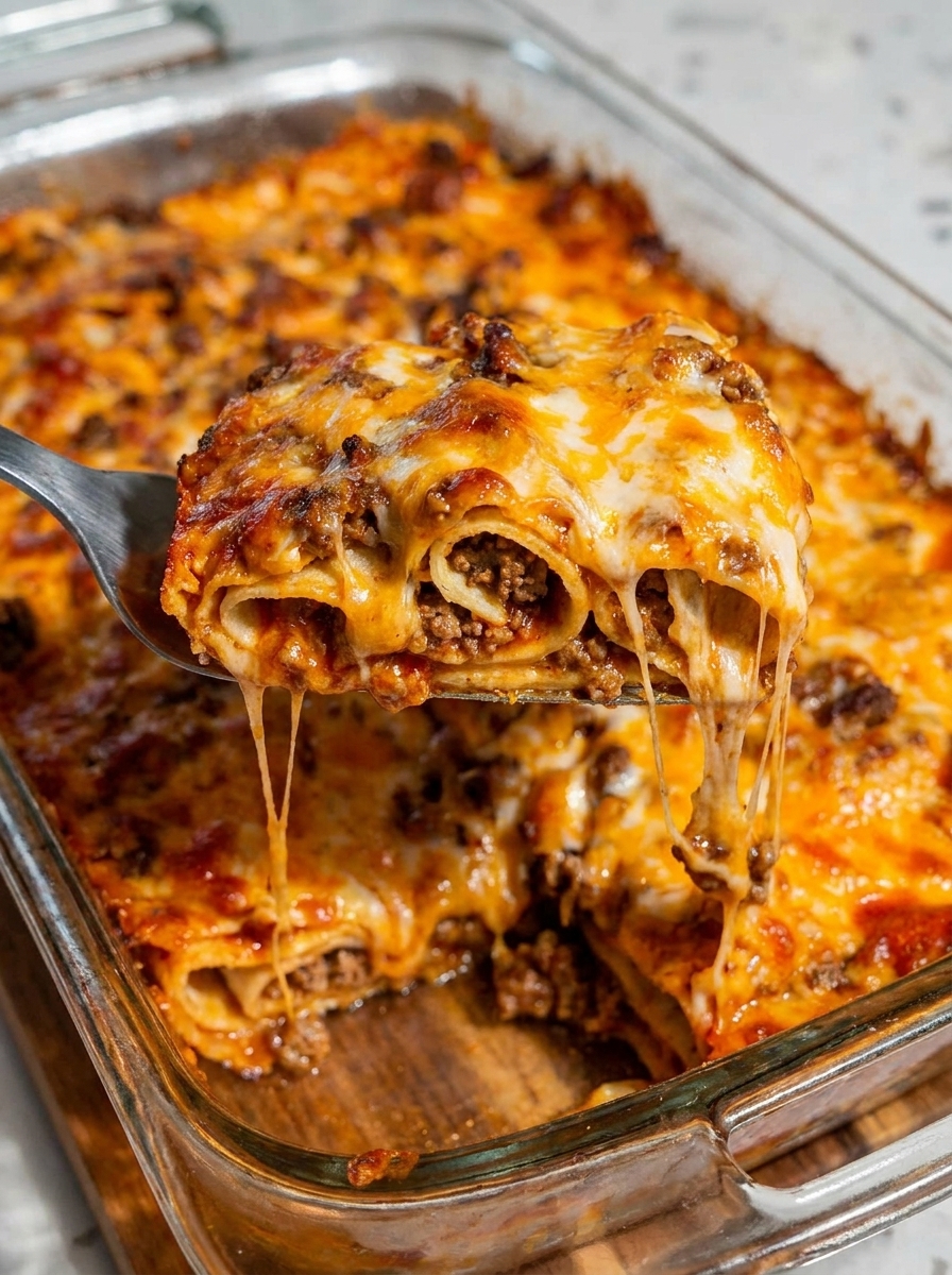 A fork is stuck in a pan of cheesy, meat-filled enchiladas.