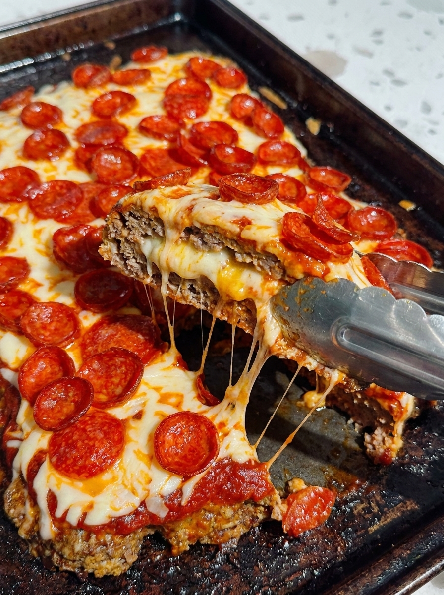 A slice of pizza with pepperoni on a sheet pan.