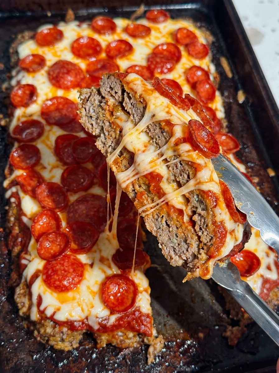 A slice of meatloaf with pepperoni on a sheet pan.