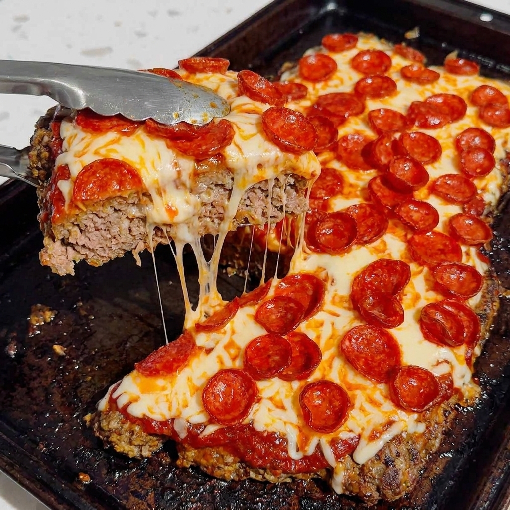 A slice of meatloaf with pepperoni on a sheet pan.
