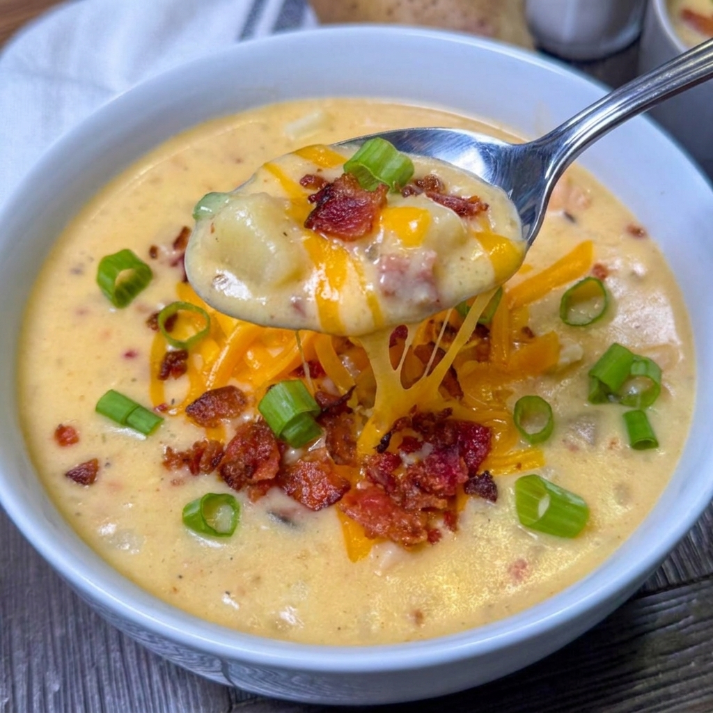 A spoon is in a bowl of soup.