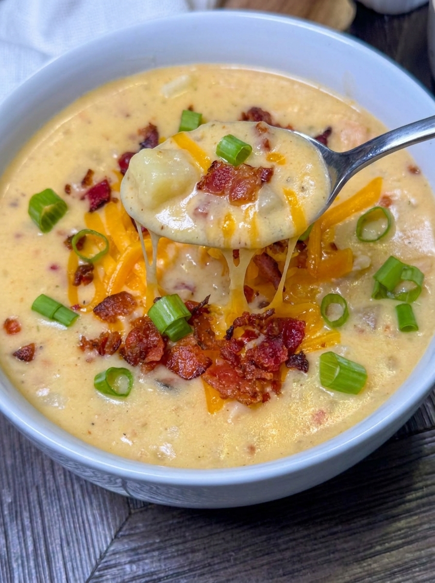 A spoon is in a bowl of chicken bacon ranch potato soup.