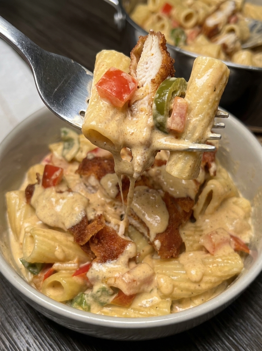 A fork is in a bowl of pasta with chicken and cheese.