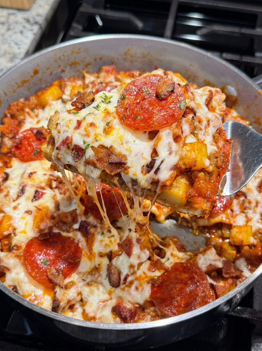 A close up of a cheesy pizza potato skillet.