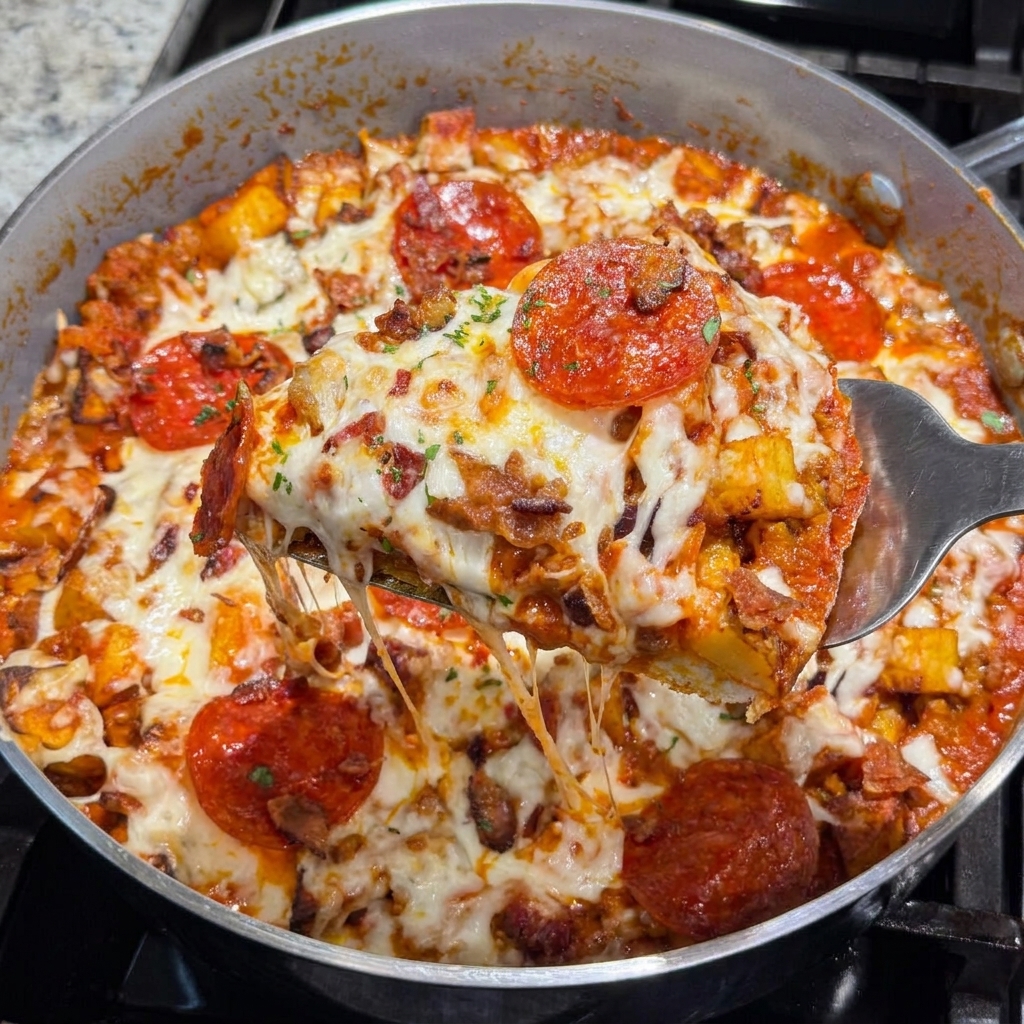 A cheesy pizza potato skillet with a spoon in it.