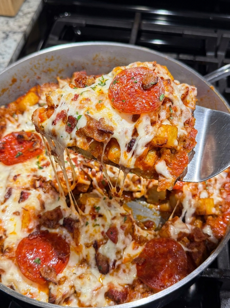 A slice of cheesy pizza potato skillet.