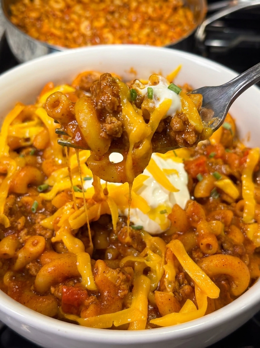 A spoon is in a bowl of chili mac.