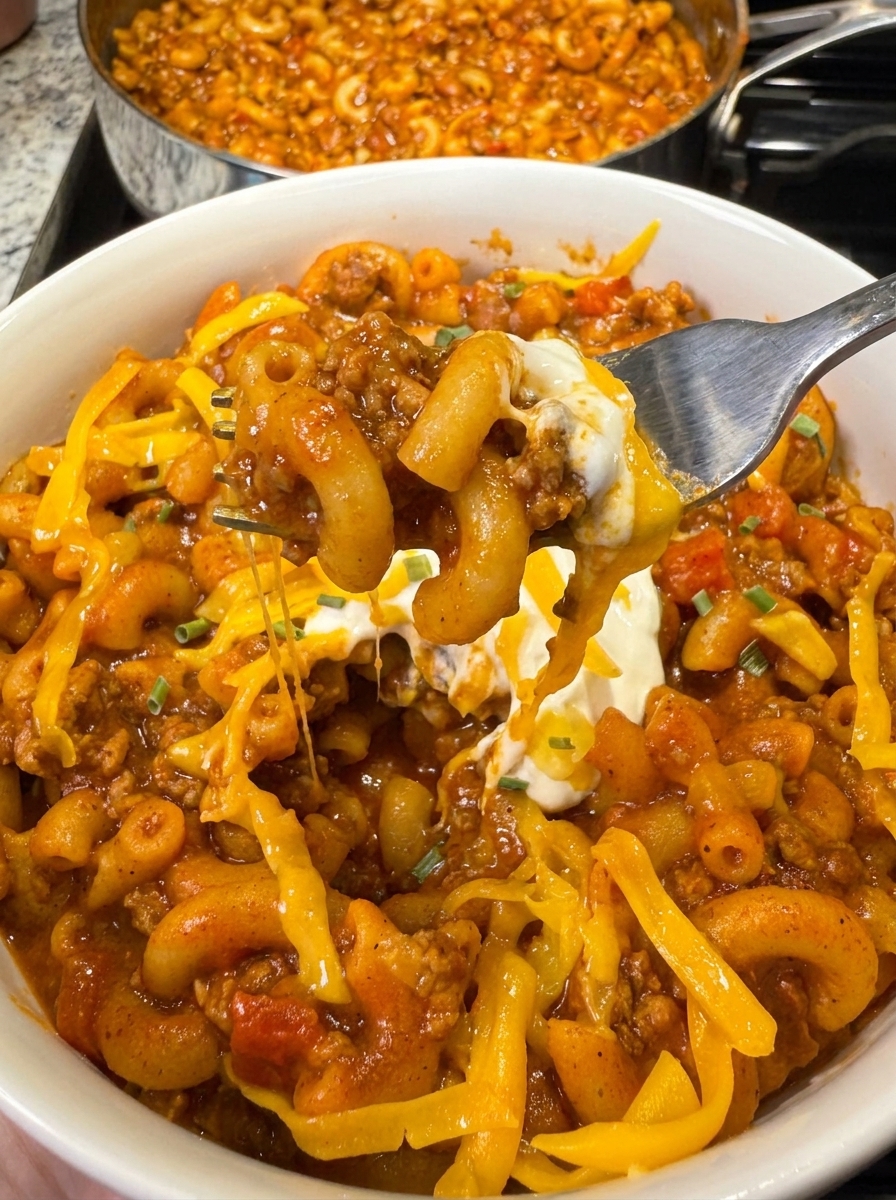 A spoon is in a bowl of chili mac.