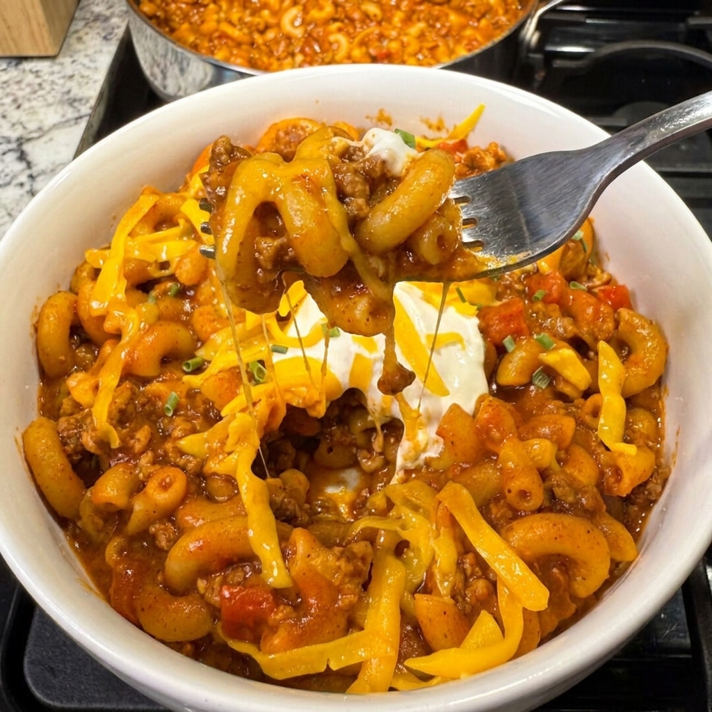 A spoon is in a bowl of chili mac.