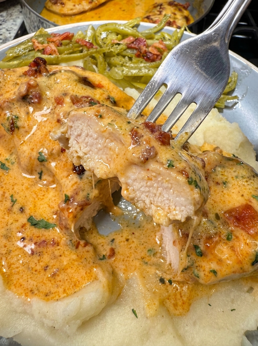 A piece of chicken with garlic and parmesan sauce.