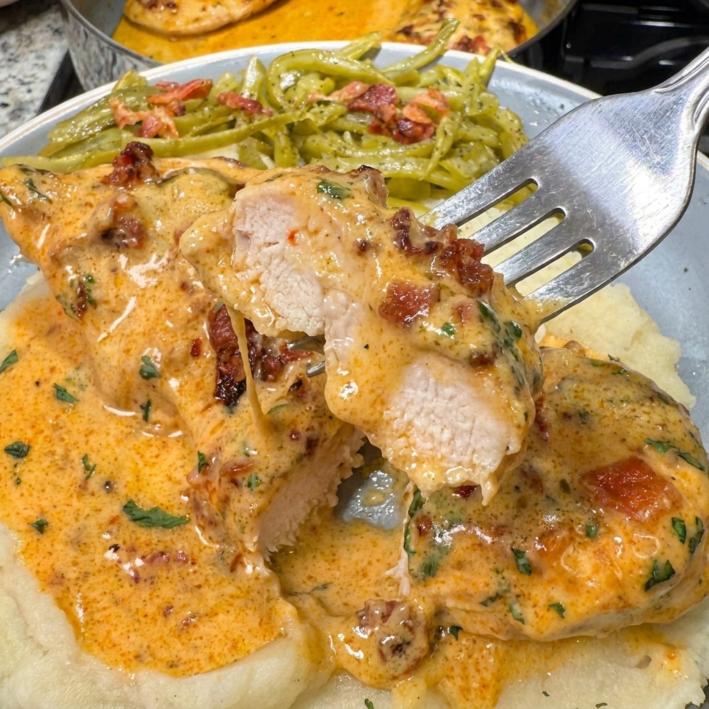 A plate of chicken covered in creamy garlic parmesan sauce.