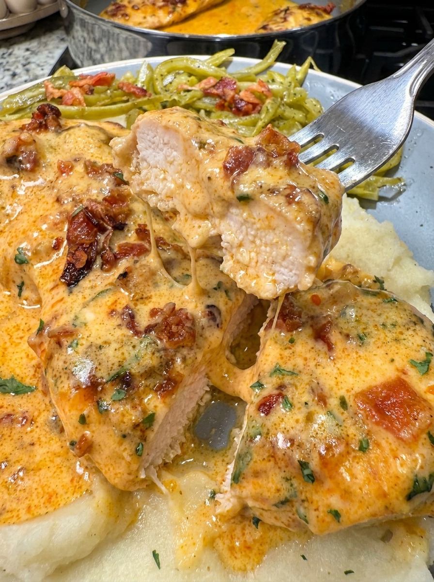 A plate of chicken covered in a creamy garlic parmesan sauce.