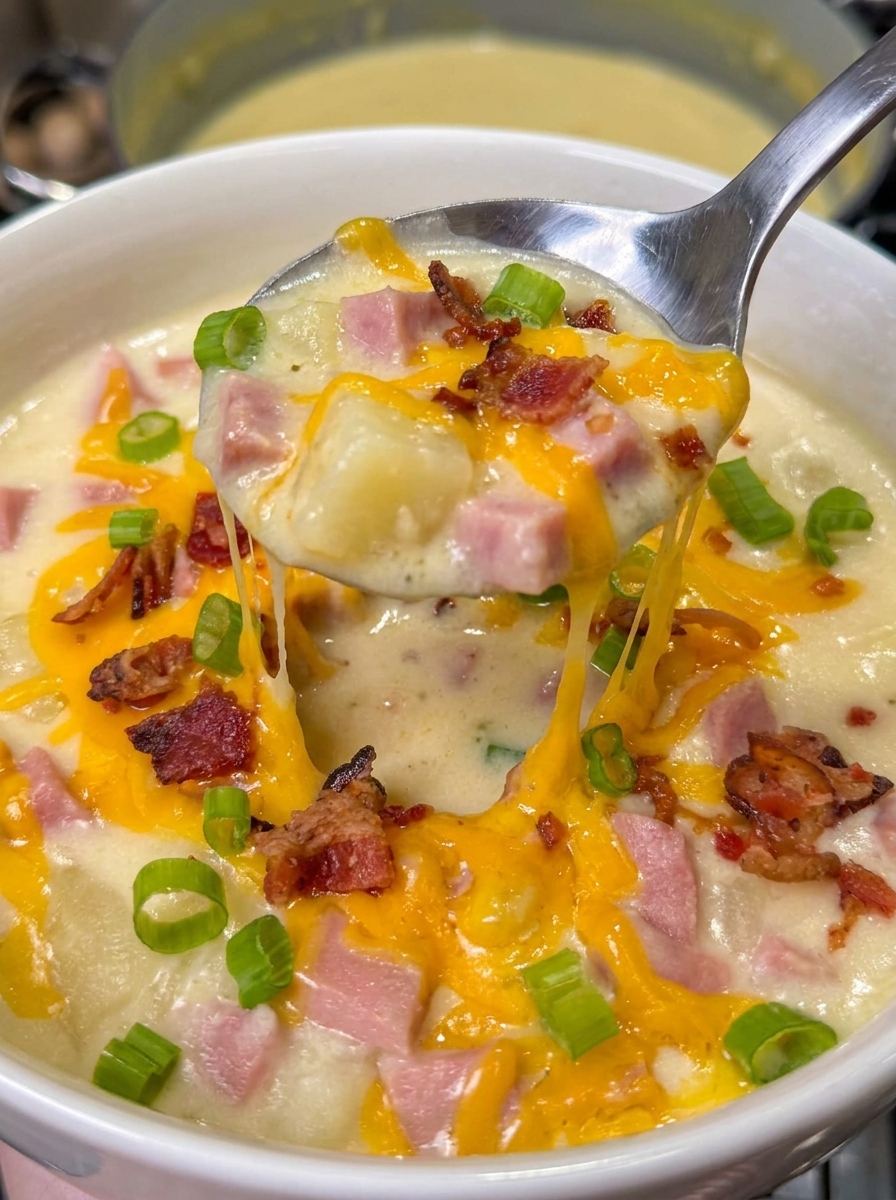 A spoon is in a bowl of creamy ham and potato soup.