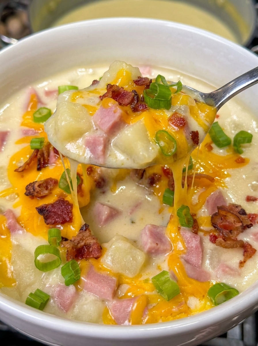 A spoonful of creamy ham and potato soup.