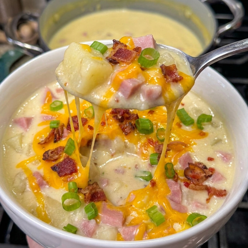A spoon is in a bowl of creamy ham and potato soup.