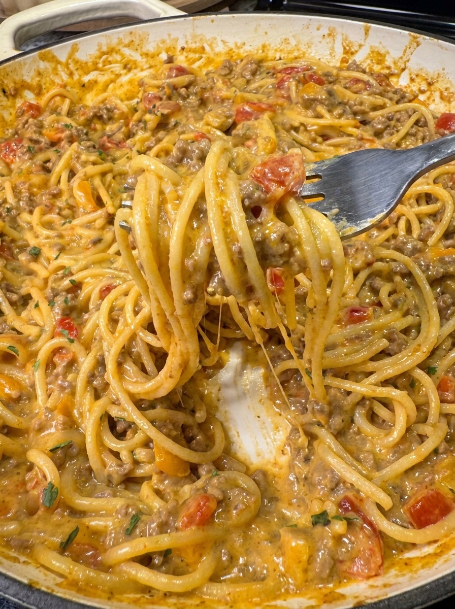 A fork is stuck in a plate of spaghetti with meat and tomatoes.