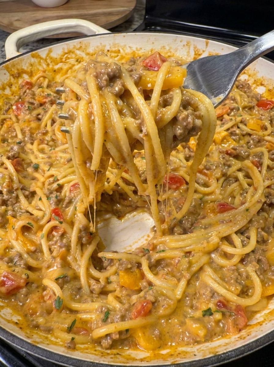 A plate of spaghetti with tomatoes and meat.