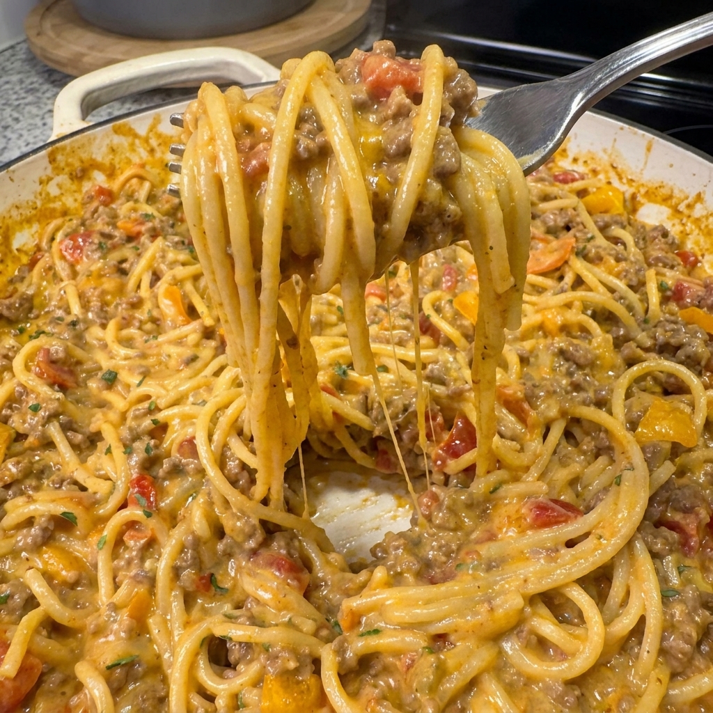 A spaghetti dish with tomatoes and meat.