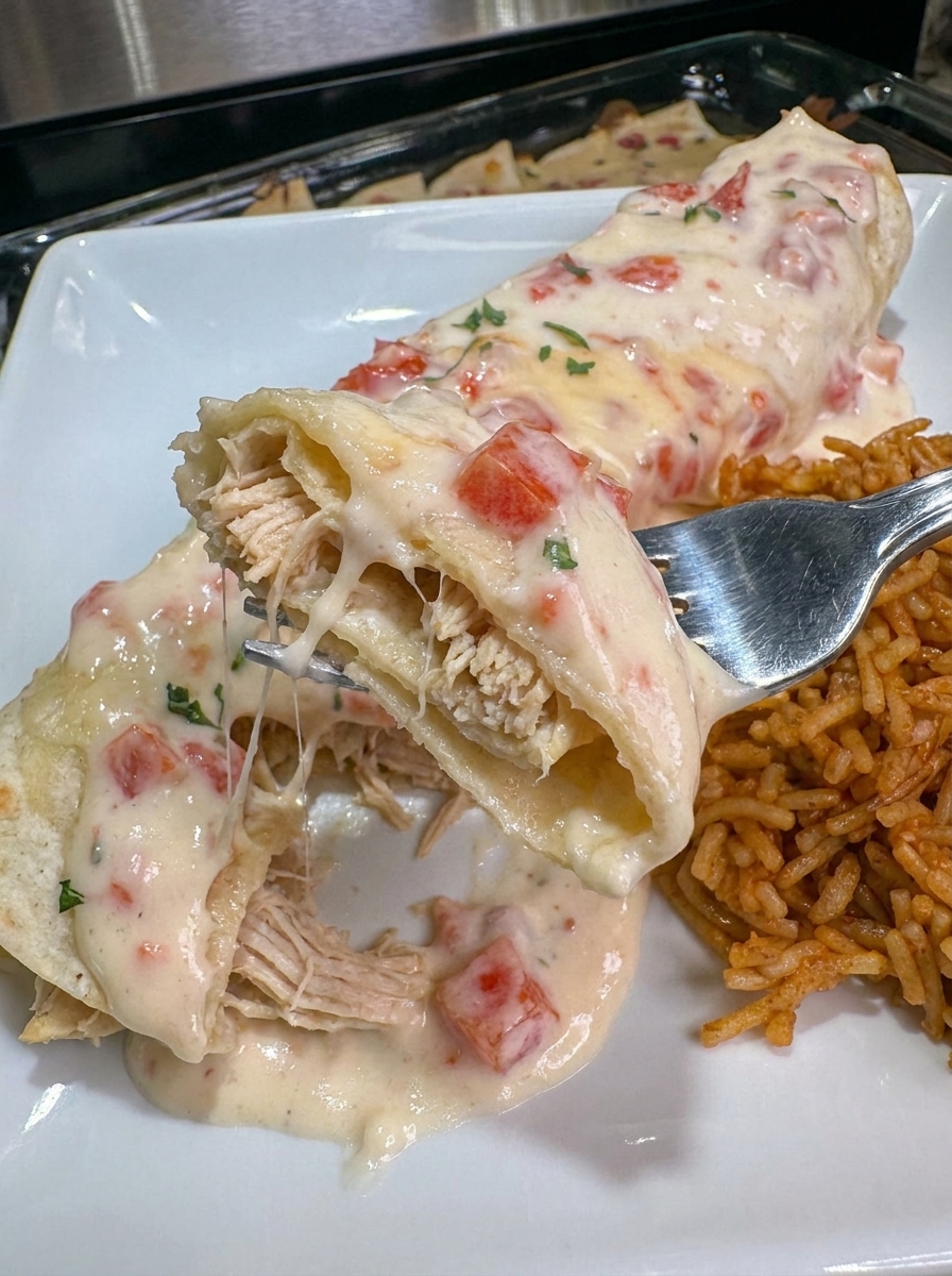 A plate of queso chicken enchiladas.