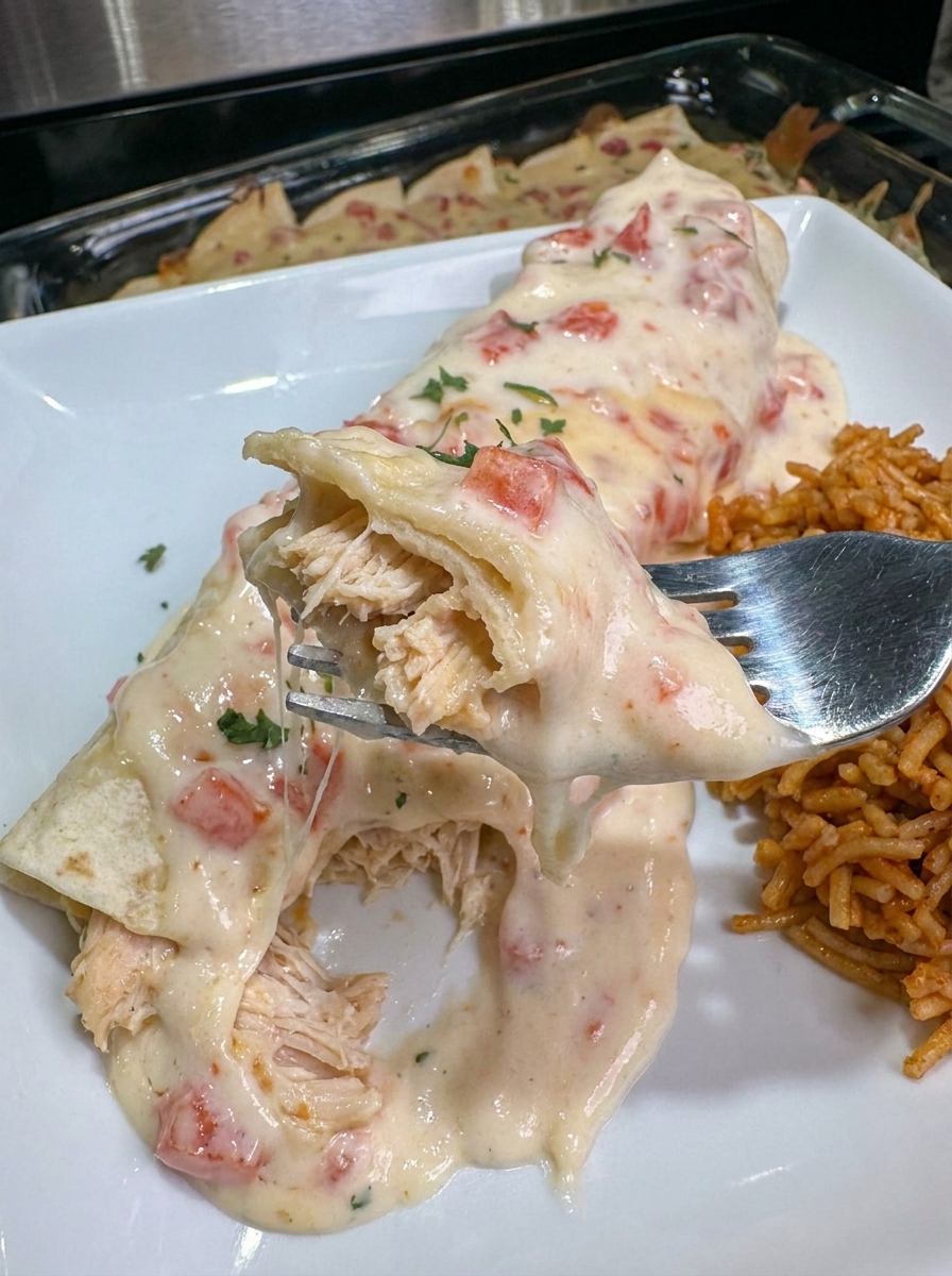 A fork is stuck in a piece of queso chicken enchilada.