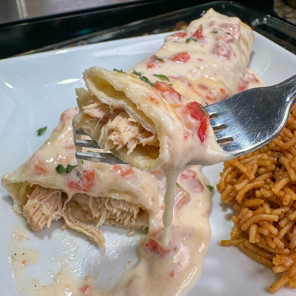 A fork is being used to eat a queso chicken enchilada.