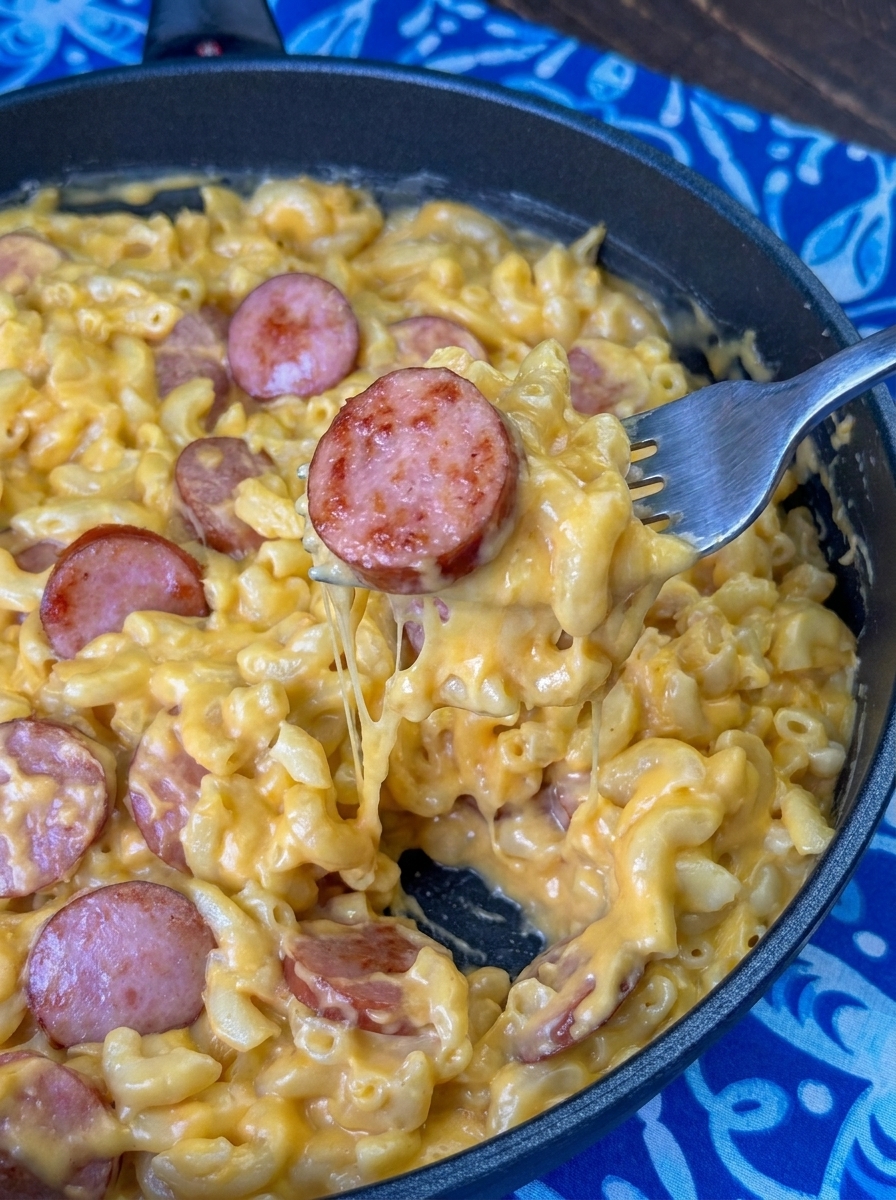 A fork is stuck in a bowl of macaroni and cheese.