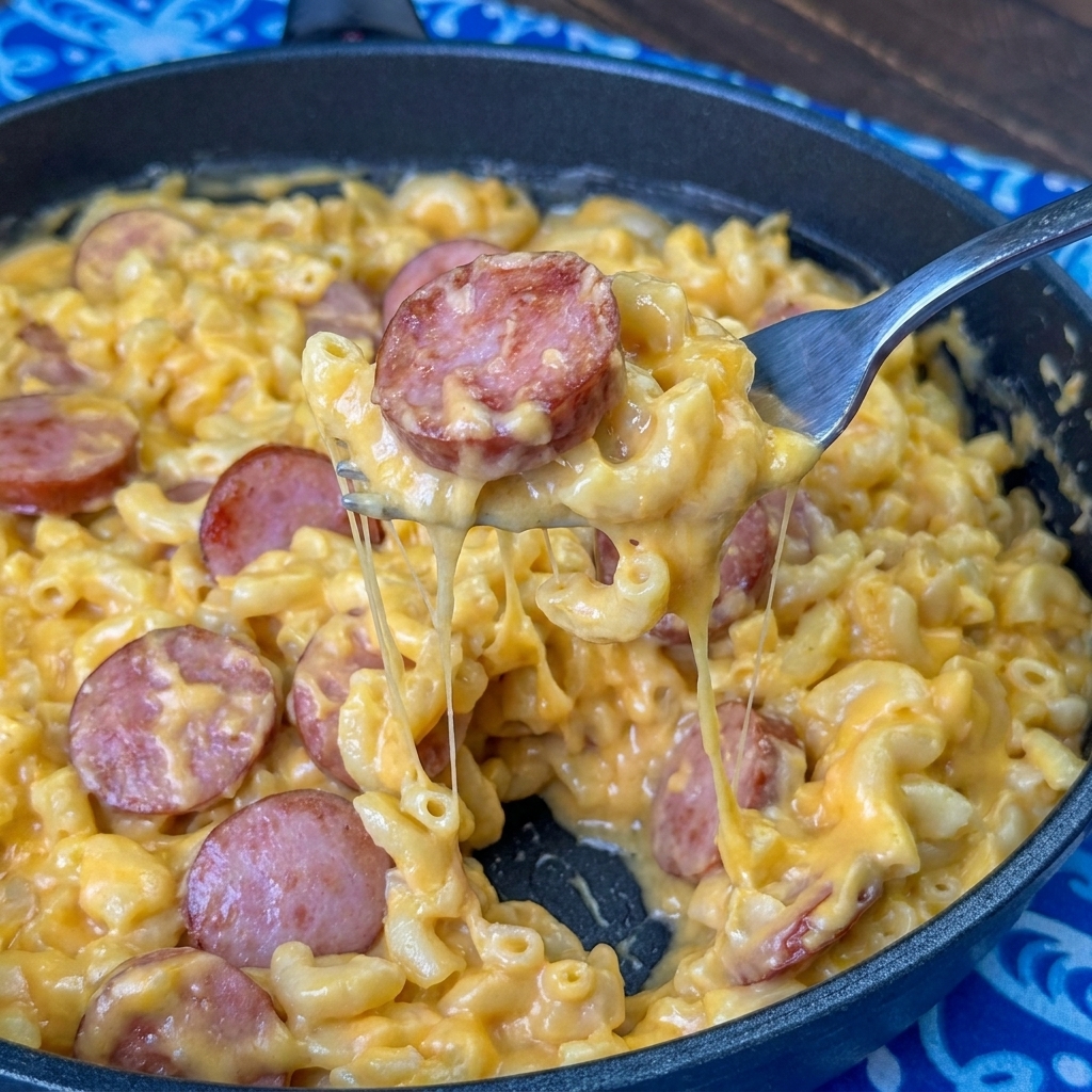 A close up of a delicious mac and cheese dish with smoked sausage.