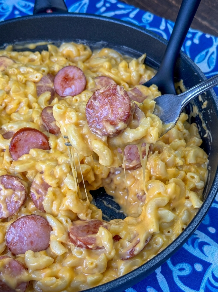 A close up of a plate of mac and cheese with a sausage on top.