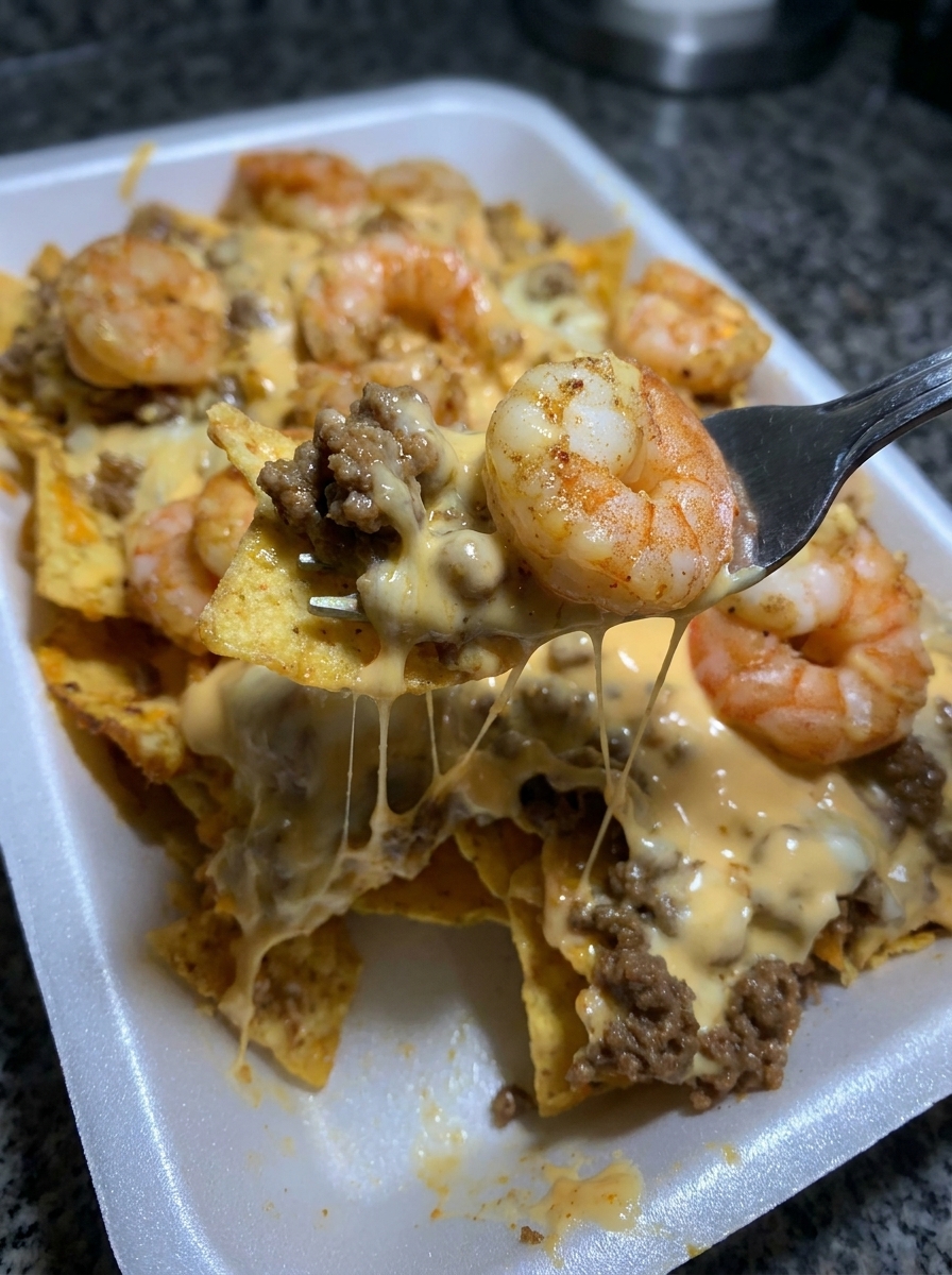 A loaded shrimp and beef nacho.