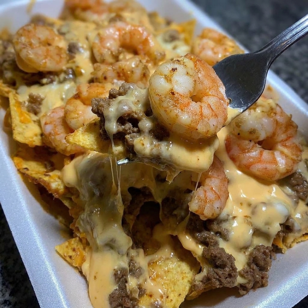 A loaded shrimp and beef nacho.