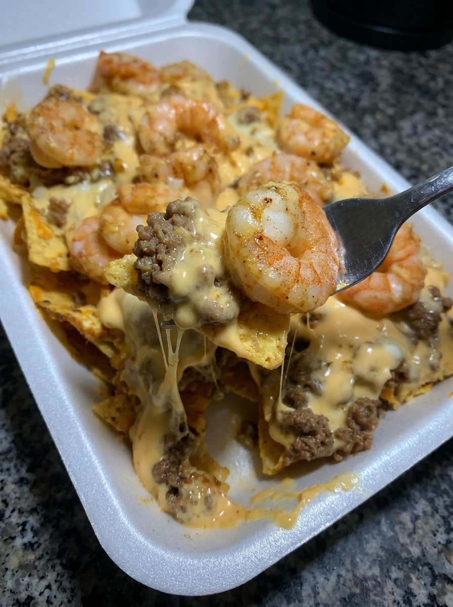 A loaded shrimp and beef nacho.