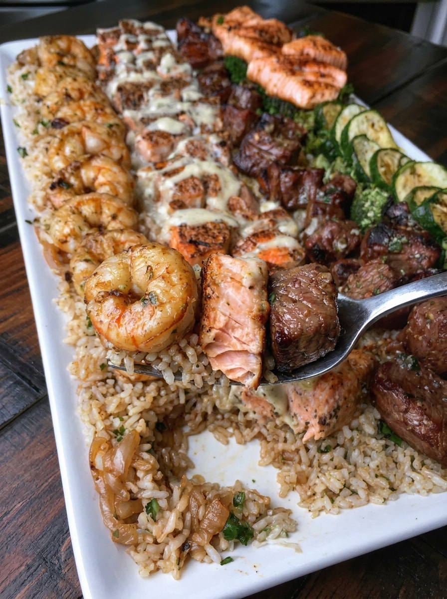 A plate of grilled surf and turf with rice.