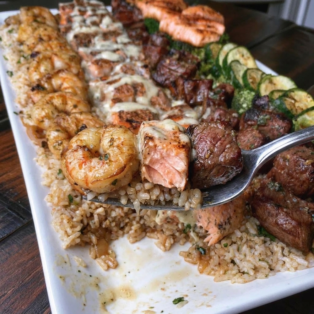 A plate of food with rice and meat.