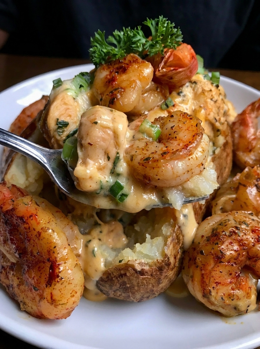A plate of loaded shrimp baked potatoes with creamy garlic sauce.