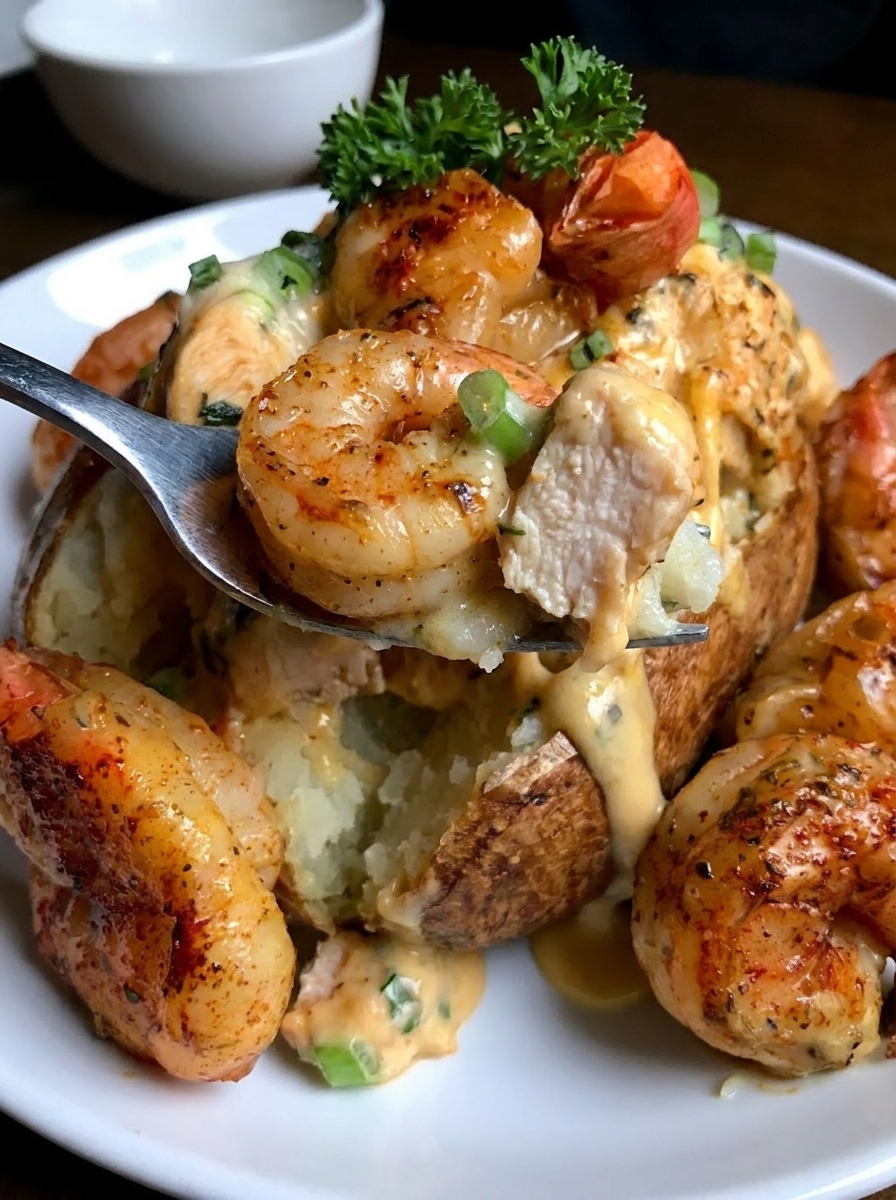 A plate of shrimp baked potatoes with garlic sauce.