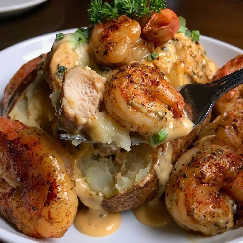 A plate of shrimp baked potatoes with a creamy garlic sauce.