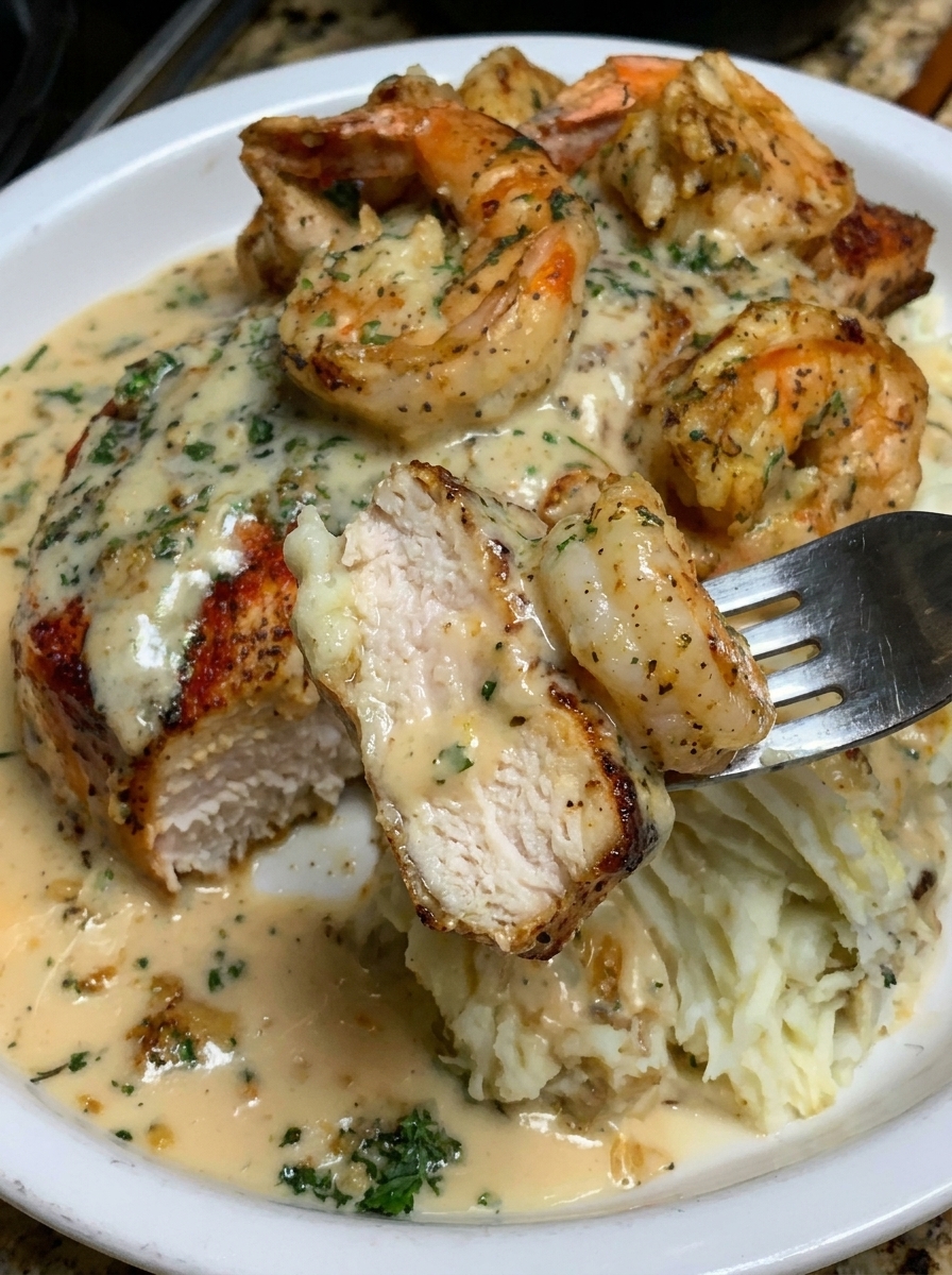 A plate of food with shrimp and chicken.