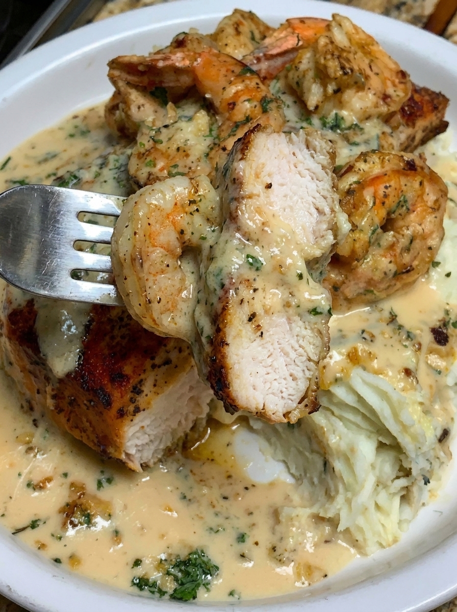 A plate of Cajun Salmon & Shrimp with Garlic Cream Sauce and Mashed Potatoes.