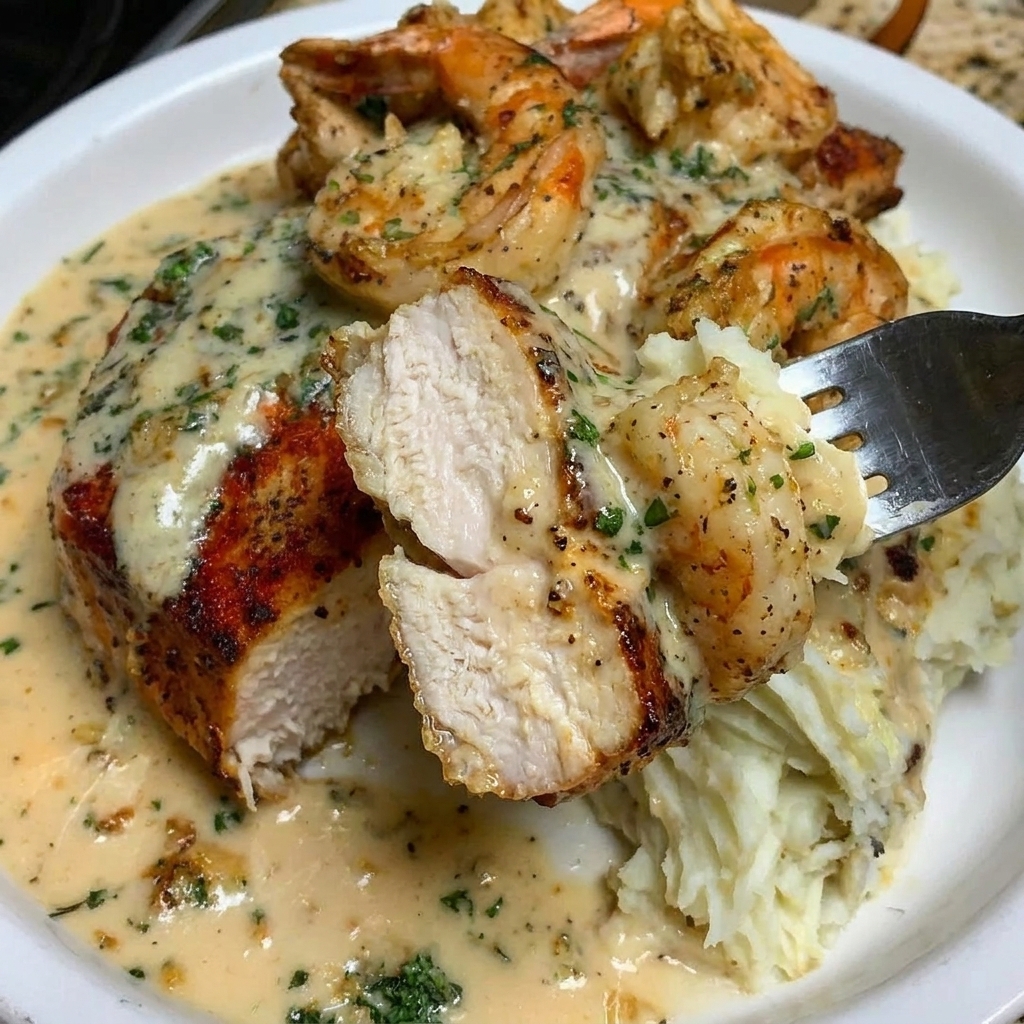 A plate of food with shrimp and chicken.