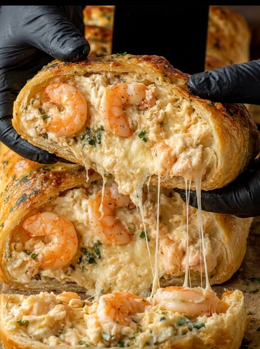 A hand is holding a piece of bread with shrimp and crab stuffing.