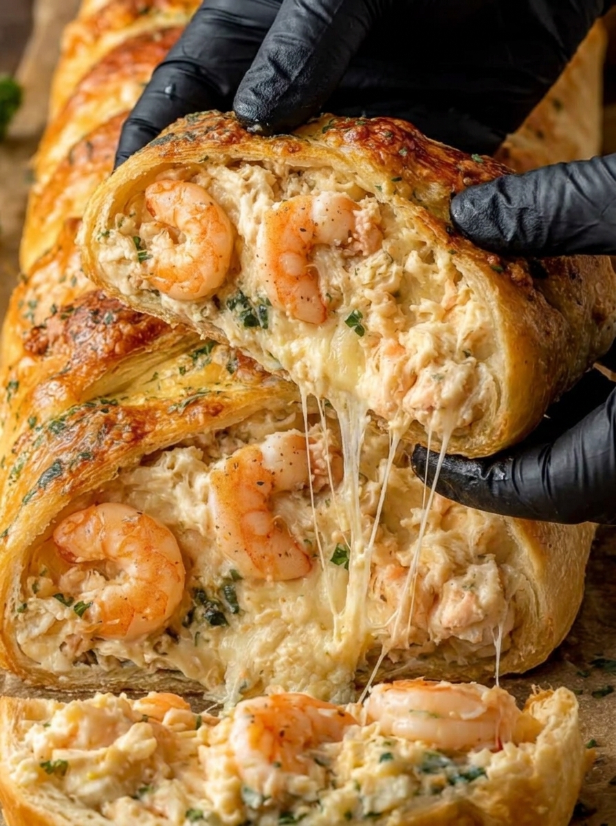 A hand is holding a piece of bread with shrimp and crab stuffing.