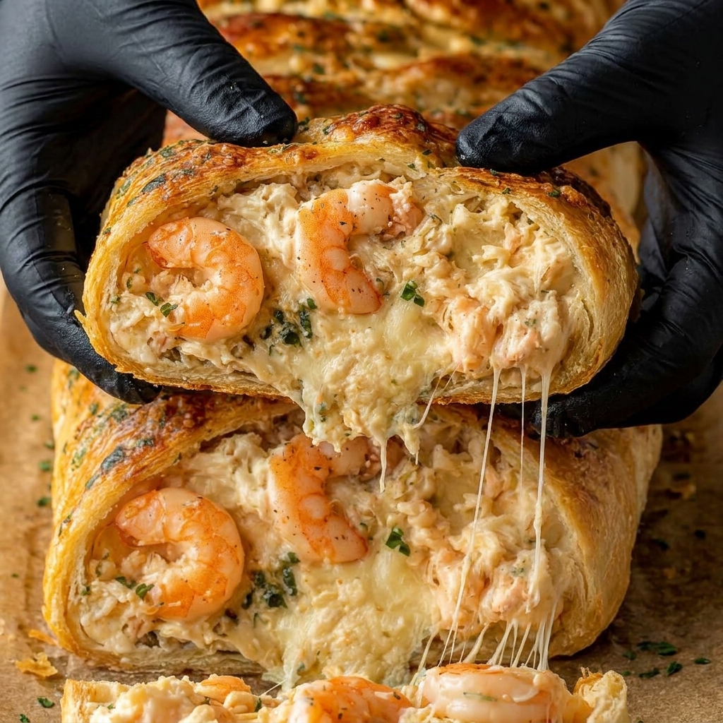 A hand holding a piece of bread with shrimp and crab stuffing.