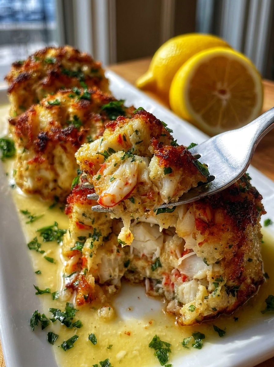 A plate of baked lobster stuffed seafood cakes.